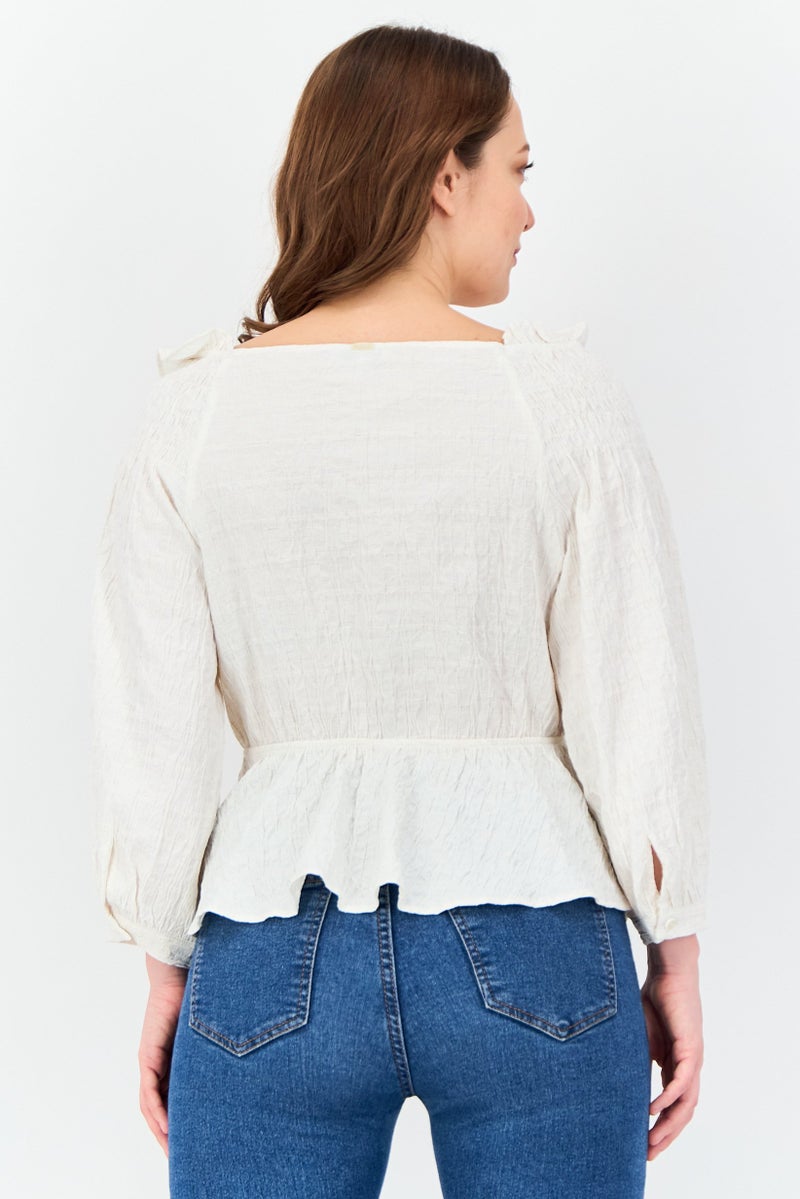 SALSA Women Surplice Neck Long Sleeve Textured Blouse, Ivory - Image 2